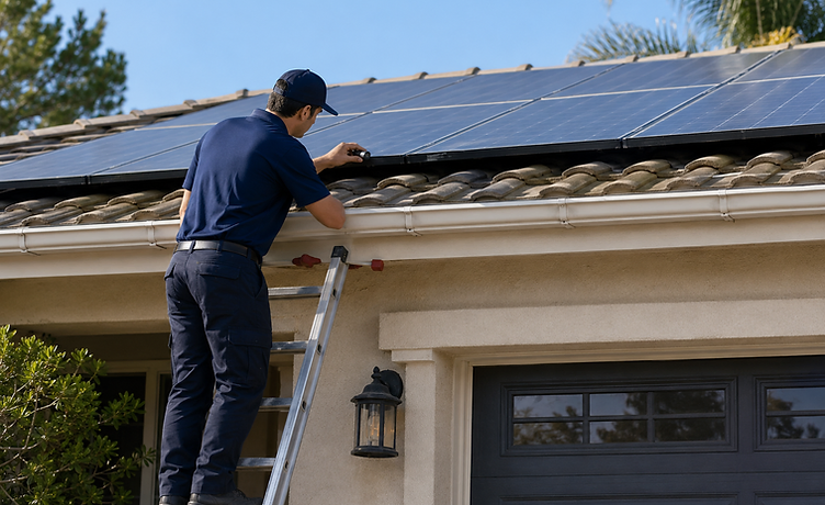 A Talos Pest Control technician in a navy uniform and cap stands on an aluminum extension ladder, inspecting the edge of a solar panel array on a tiled residential roof to identify bird roosting and nesting sites.