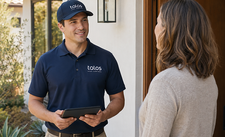 A Talos pest control technician in a navy uniform and cap with the Talos logo speaks with a homeowner at the front door of a San Diego residence.