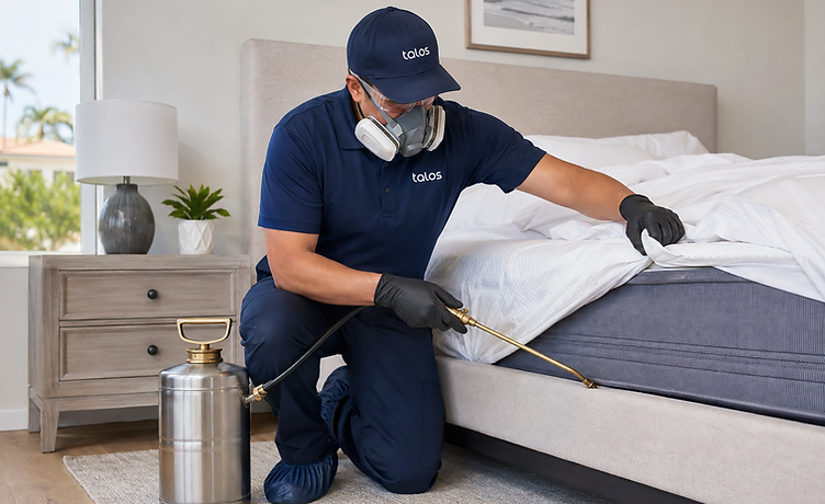 A Talos Pest Control technician in a navy uniform, cap, respirator mask, safety goggles, and shoe covers kneels on a bedroom rug, applying treatment to the edge of a mattress with a brass-tipped wand connected to a stainless steel sprayer.