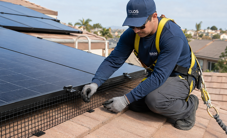 A Talos Pest Control technician in a navy uniform, cap, and yellow safety harness kneels on a tiled residential roof, installing a black wire mesh bird deterrent barrier along the edge of solar panels to humanely exclude birds.