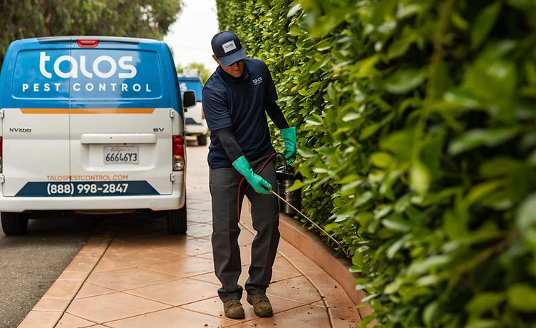 A Talos Pest Control technician in a navy uniform and cap applies a perimeter spray treatment to landscaping beside a branded Talos service van on a San Diego property.