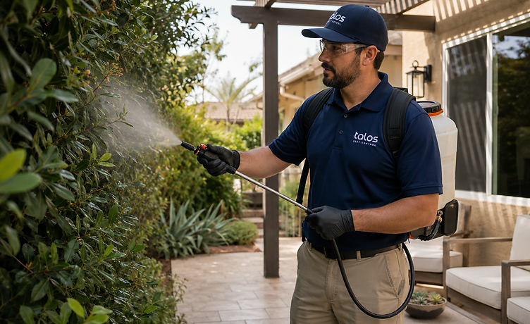 A Talos Pest Control technician in a navy uniform and cap applies a fine mist treatment to a large green hedge along a residential patio using a backpack sprayer and stainless steel wand at a San Diego home.