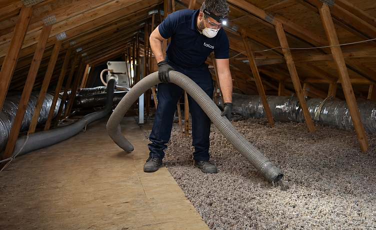 A Talos Pest Control technician in a navy uniform, respirator mask, and headlamp kneels in a wooden attic, using a large flexible vacuum hose to remove loose-fill insulation during an attic restoration cleanup.