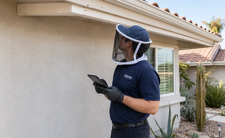 A Talos Pest Control technician in a navy uniform and a hat with an attached bee veil inspects the eave of a stucco residential home, holding a tablet to document the area during a live bee removal inspection.