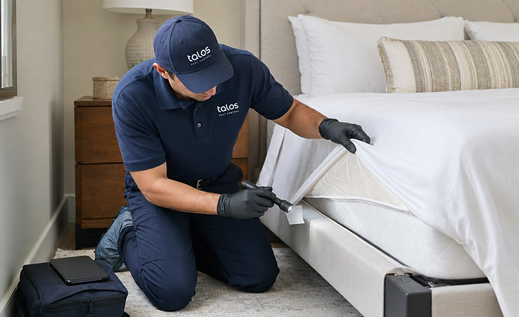 A Talos Pest Control technician in a navy uniform and cap kneels beside a bed, lifting the edge of a white mattress cover and shining a flashlight along the seam during a bed bug inspection.