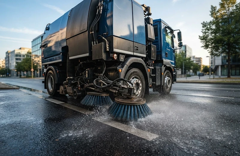 Stroud Plant Hire truck-mounted street sweeper cleaning a road