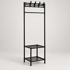 Organizador vertical negro con perchero y dos repisas, vista completa