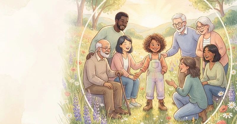 A diverse child in a sunlit wildflower meadow surrounded by supportive community members