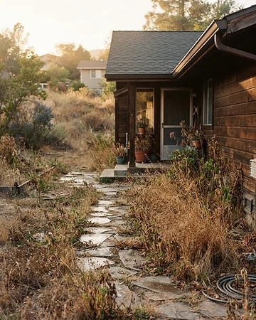 Garden path with combustible materials near a home