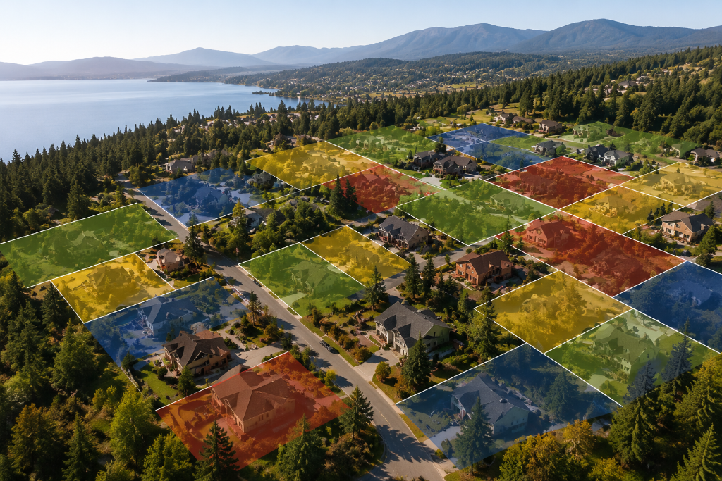 Aerial view of a neighborhood with wildfire risk map overlay