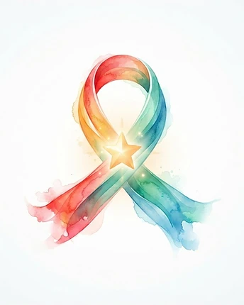 Awareness ribbon art in wave colors with a golden star, symbolizing rare-disease awareness