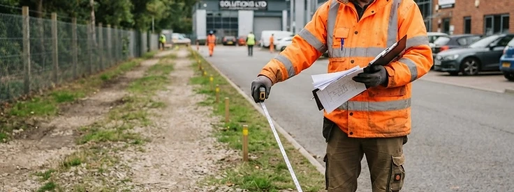 Fencing contractor surveying a commercial boundary in Farnham