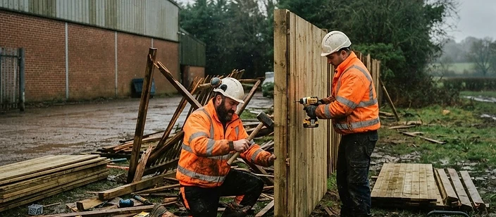 Storm damaged commercial fence being repaired by industrial fencing installers