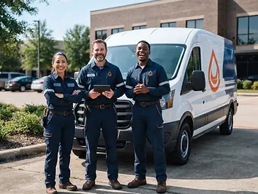 Team der Kölner Rohr-Retter im Corporate Design vor dem Fahrzeug
