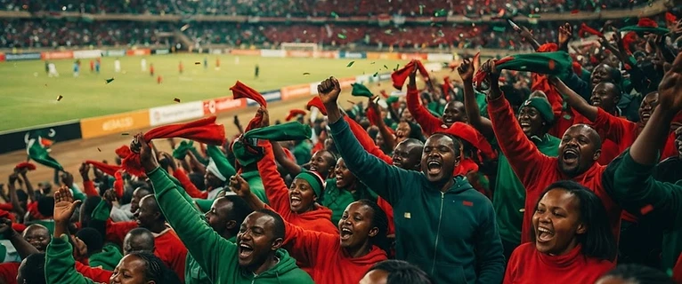 African football fans celebrating with drums and flags