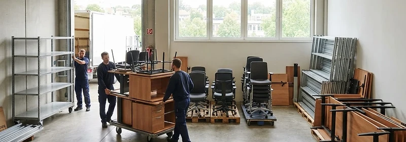 Office furniture and shelving being cleared from a commercial storage room