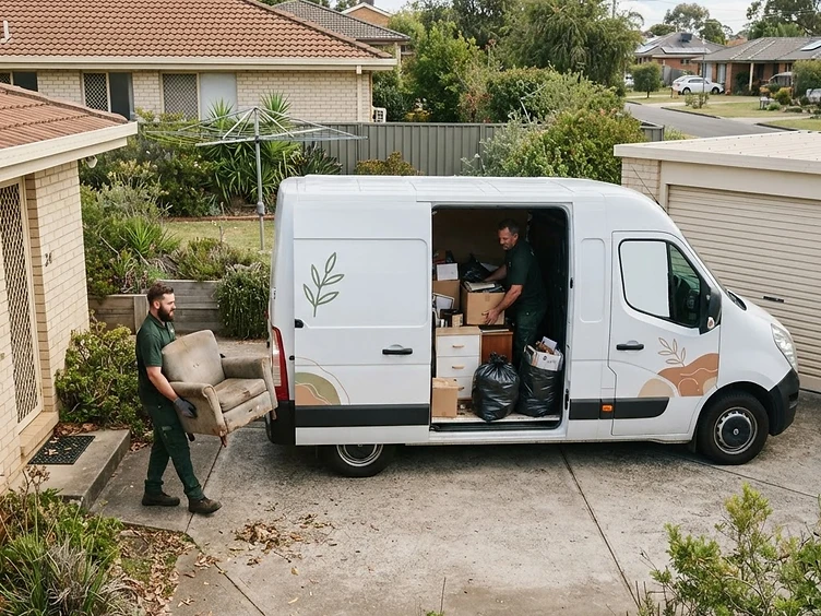 Delivery van with household furniture and rubbish being loaded by workers