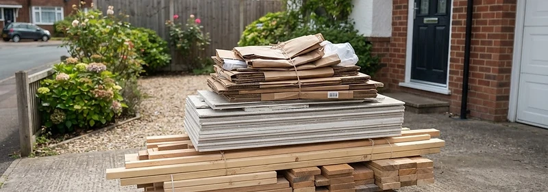 Renovation waste including timber offcuts and plasterboard stacked for collection