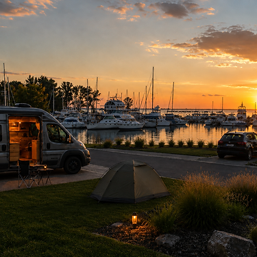 Camper van, car, tent on grass, and boats at a marina at sunset