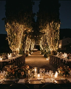 Ambiente de una boda al aire libre con luces cálidas entre los árboles