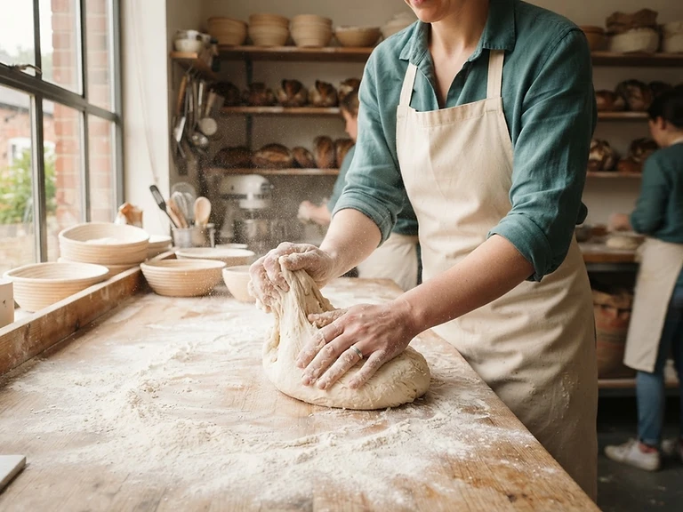 Hands kneading dough on a floured wooden surface