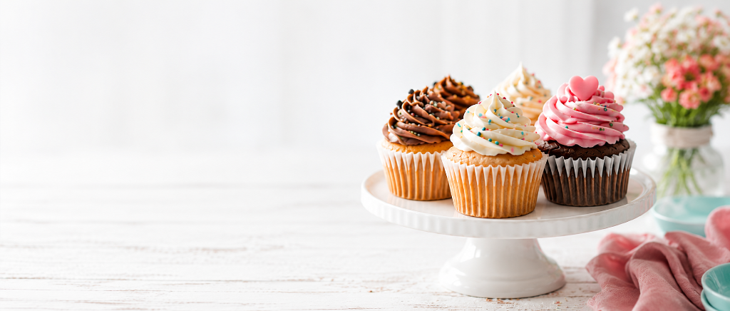 Three-tier white cake stand holding pastel-frosted cupcakes on a wooden table