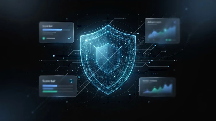 Presail security audit platform — shield and network visualization representing secret detection, open data rules, compliance, and auth checks