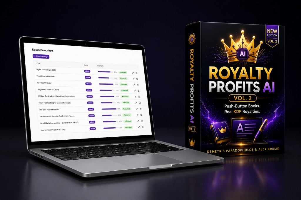 Royalty Profits AI Vol 2 — new campaign dashboard and product box