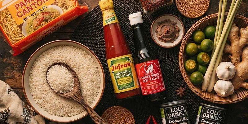 Filipino and South Asian grocery ingredients — noodles, calamansi, and sauces