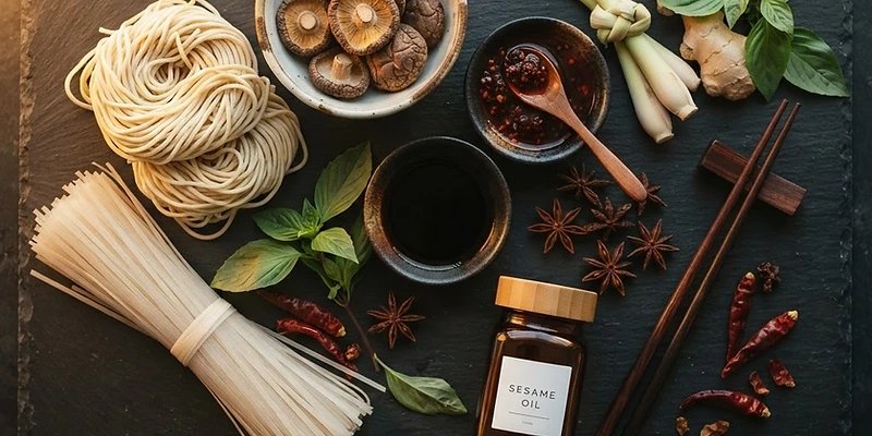 Authentic Asian grocery ingredients — noodles, sauces, and spices