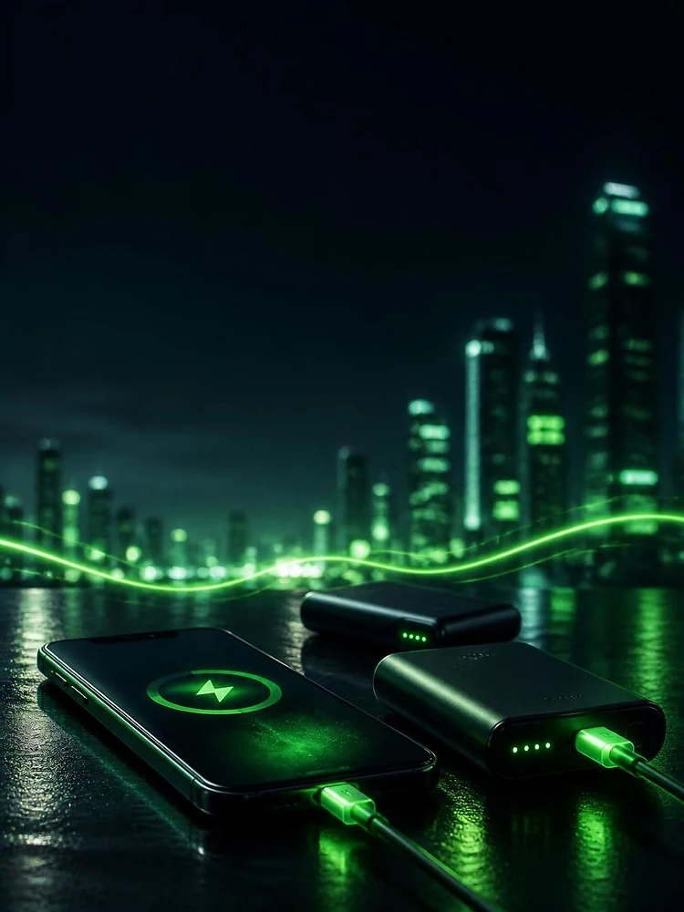 Power banks charging on a dark surface against a neon-green city skyline at night
