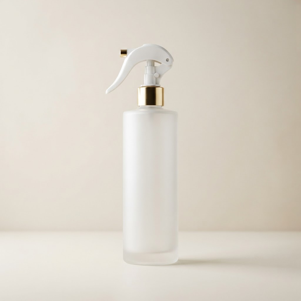 Tall Round Frosted Glass Bottle with Gold-Collar Trigger Sprayer