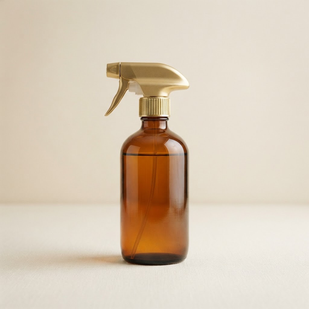 Round Amber Glass Bottle with Gold Trigger Sprayer