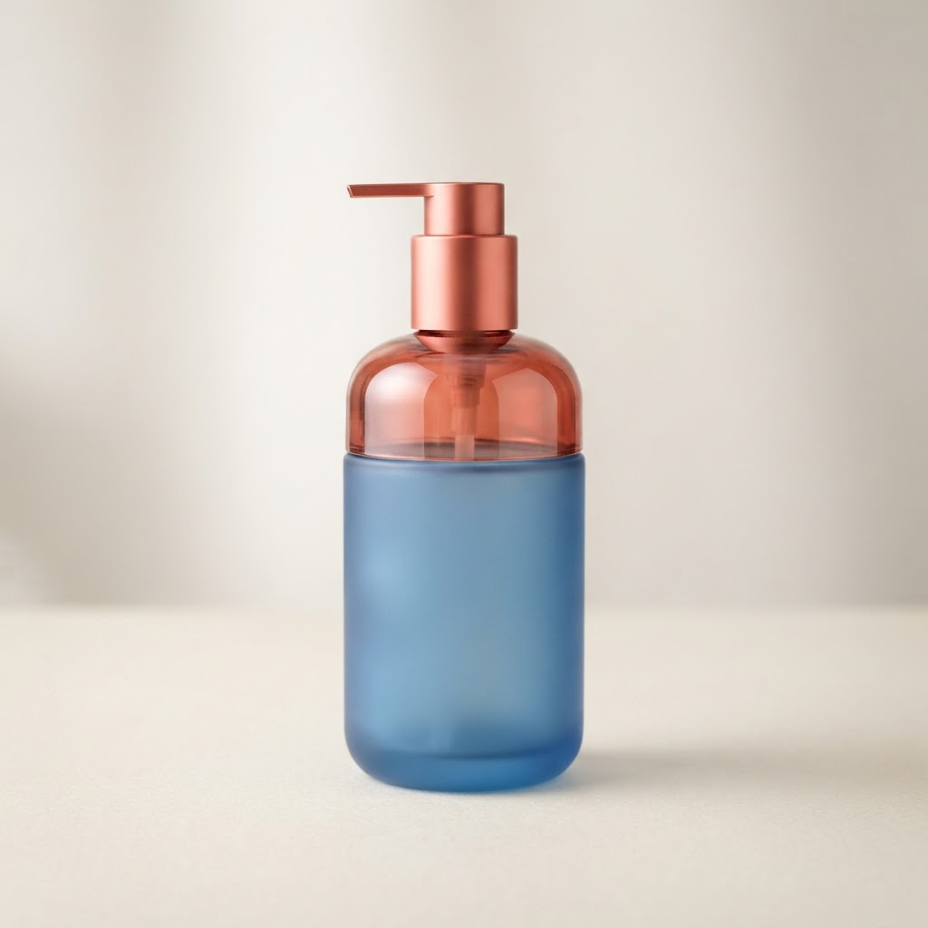 300ml Blue Translucent PET Bottle with Rose Gold Lotion Pump
