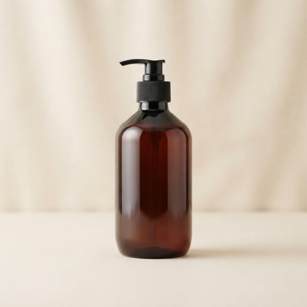 Round Amber PET Bottle with Black Lotion Pump