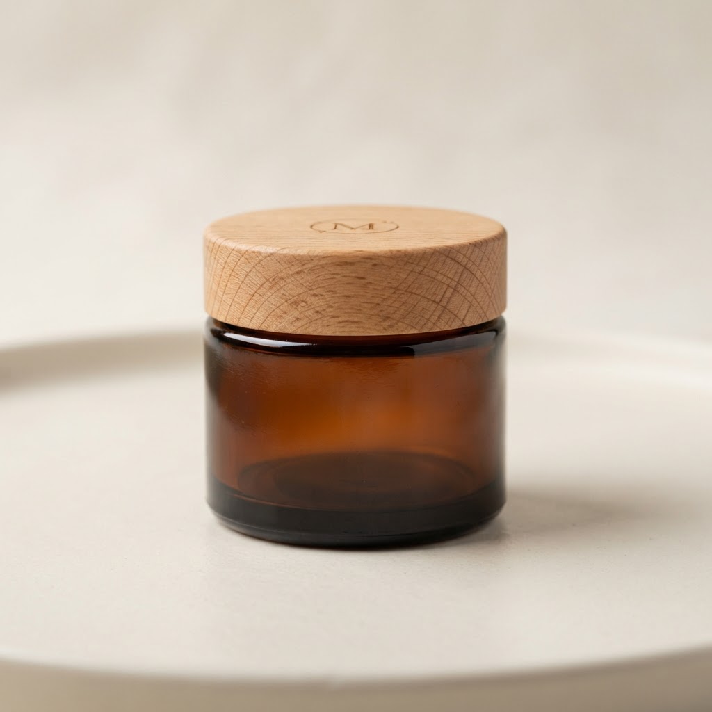 Amber Glass Cosmetic Jar with Wood-Finish Lid