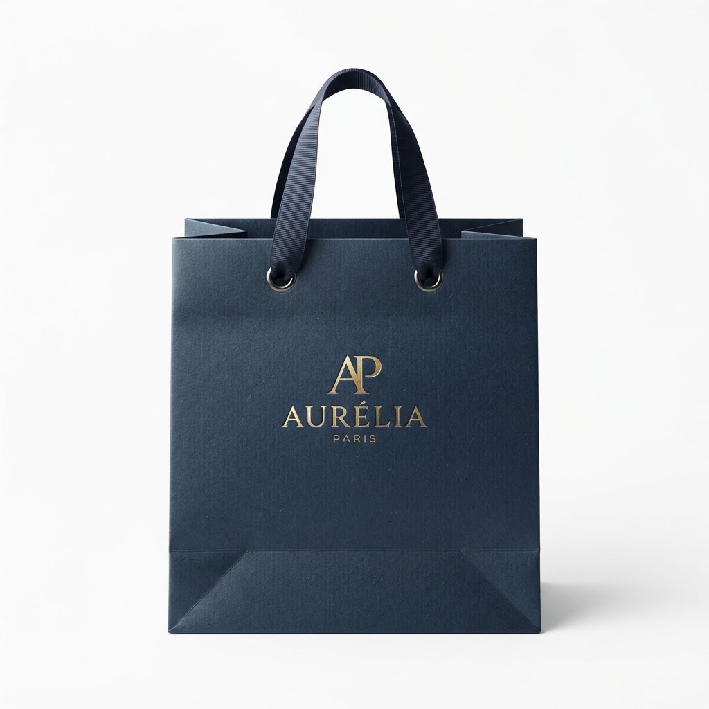 Navy Rectangular Paper Bag with Ribbon Handles