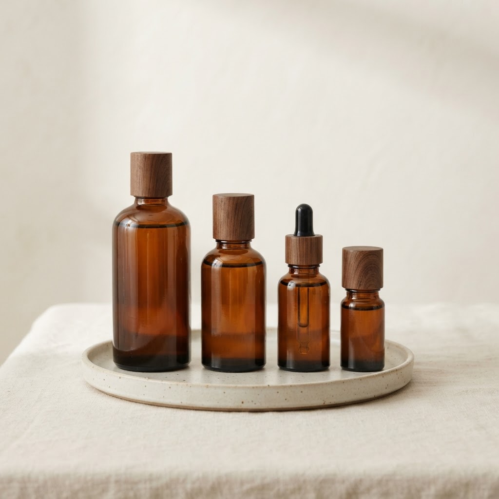 Amber Glass Dropper and Serum Bottle Set with Wood-Finish Caps
