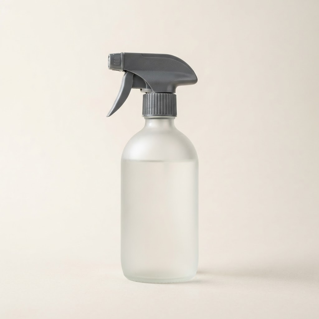 Round Frosted Glass Bottle with Grey Trigger Sprayer