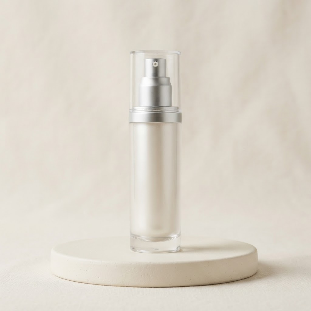 Tall Round Pearl White Airless Pump Bottle with Silver Collar