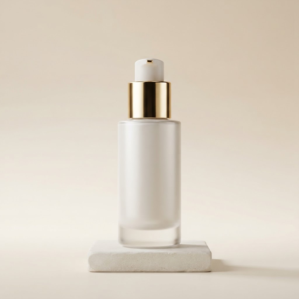 Round Frosted Glass Bottle with White and Gold Pump