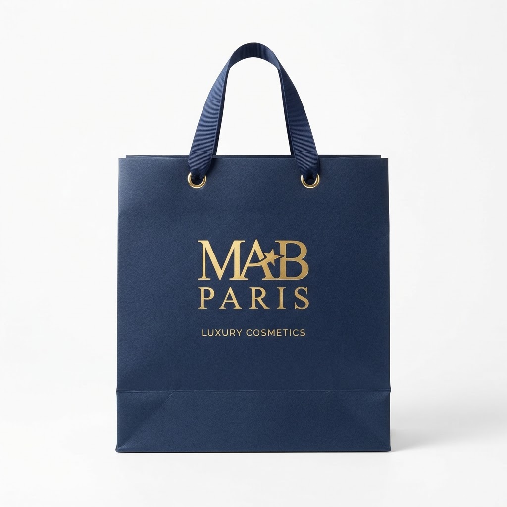 Navy Blue Paper Shopping Bag with Navy Ribbon Handles and Gold Foil Logo