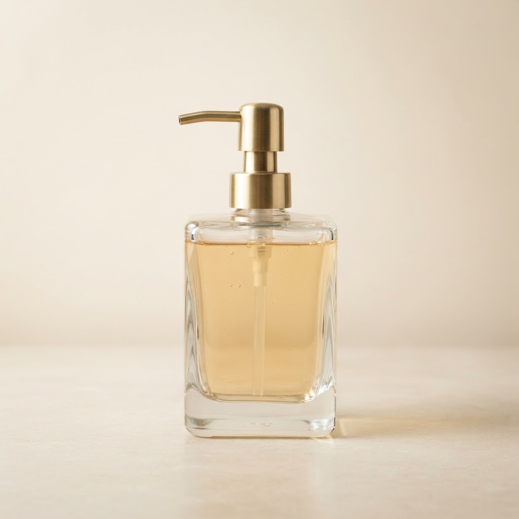Square Clear Glass Pump Bottle with Gold Dispenser