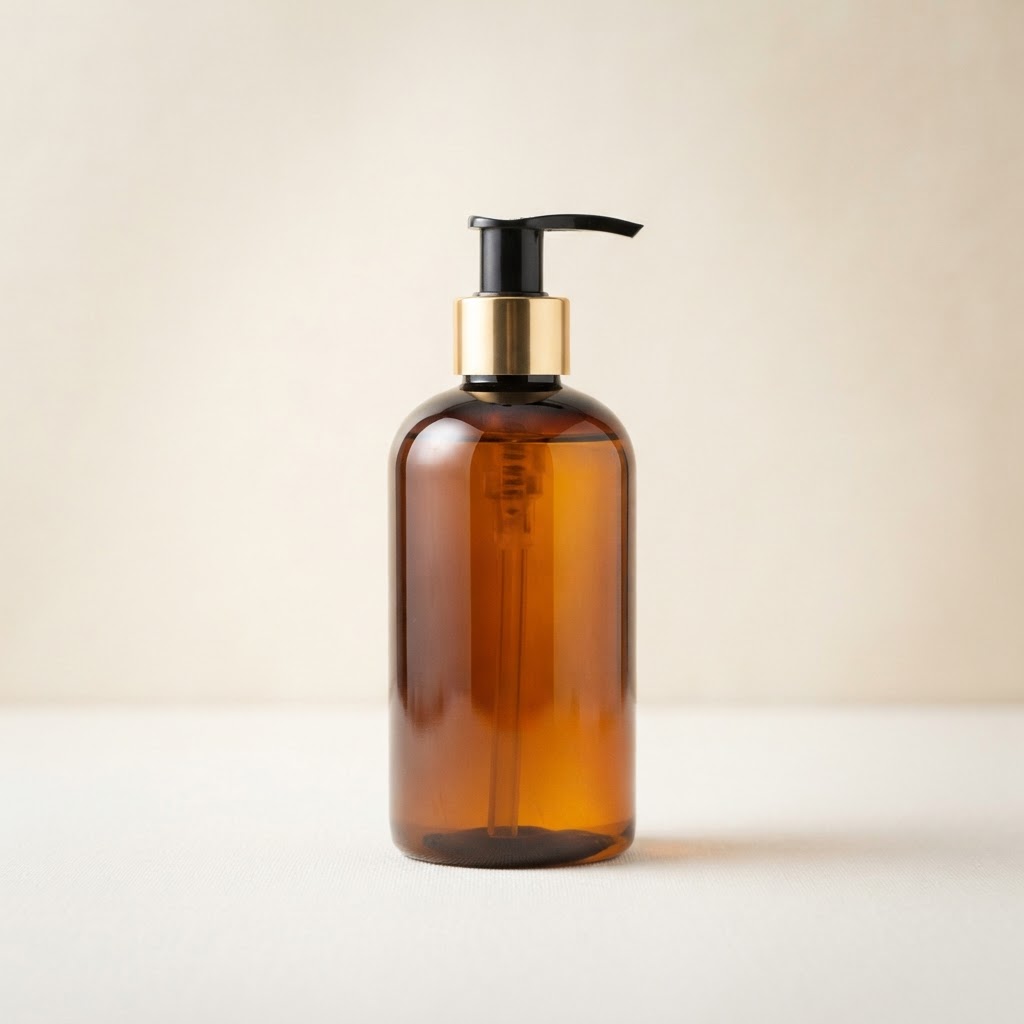 Cylindrical Amber PET Pump Bottle with Gold Collar