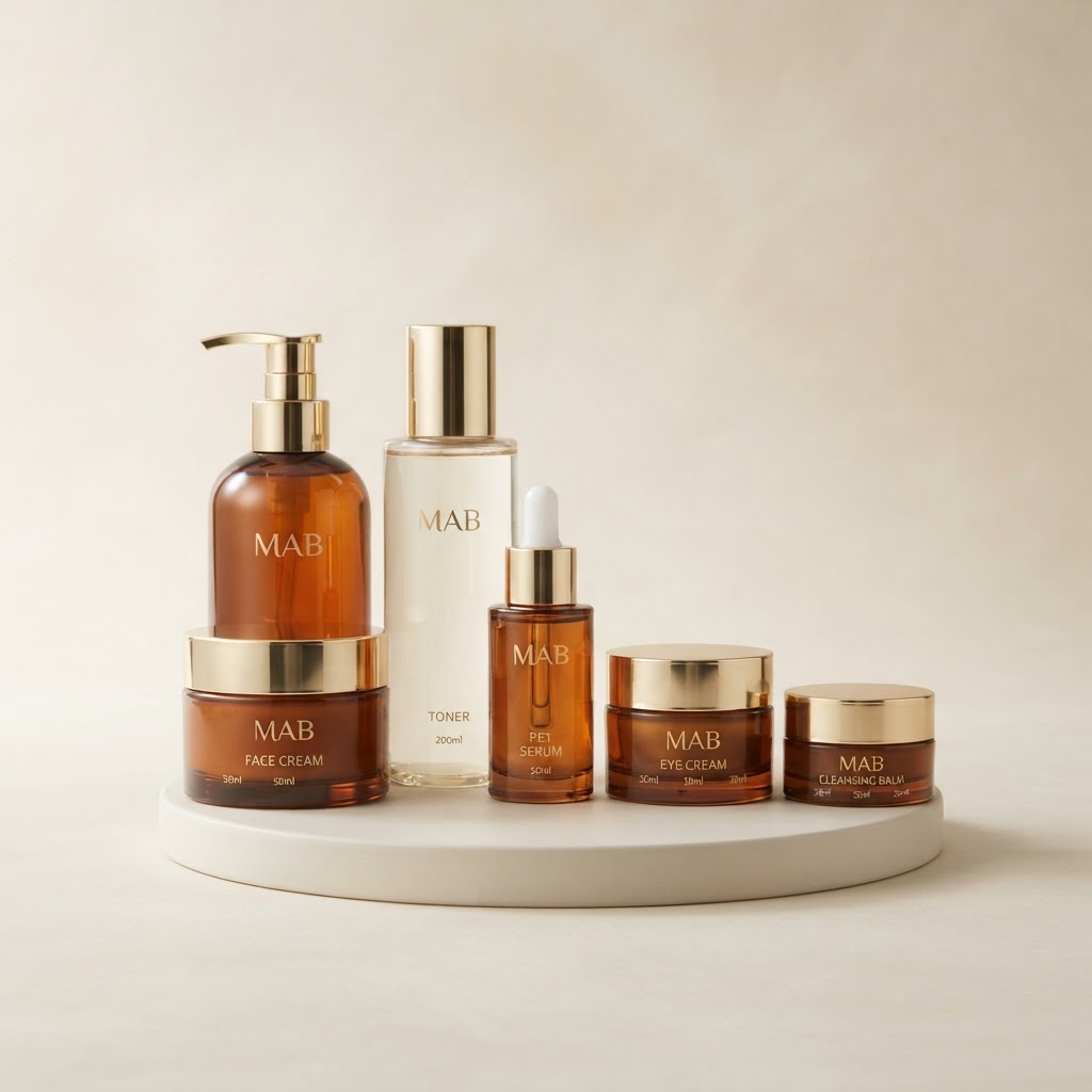 Amber PET Cosmetic Bottle and Jar Set with Gold Caps