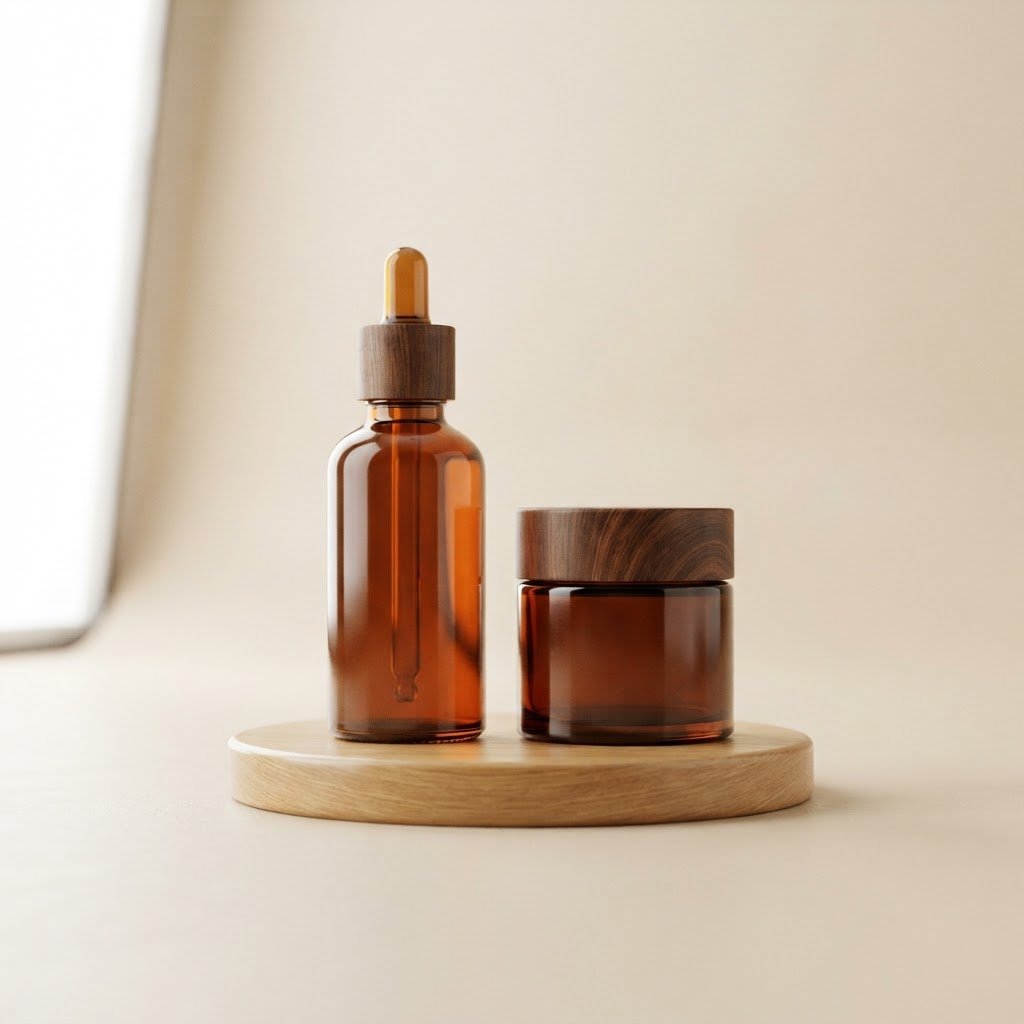 Amber Glass Dropper Bottle and Jar Set with Wood-Grain Lids