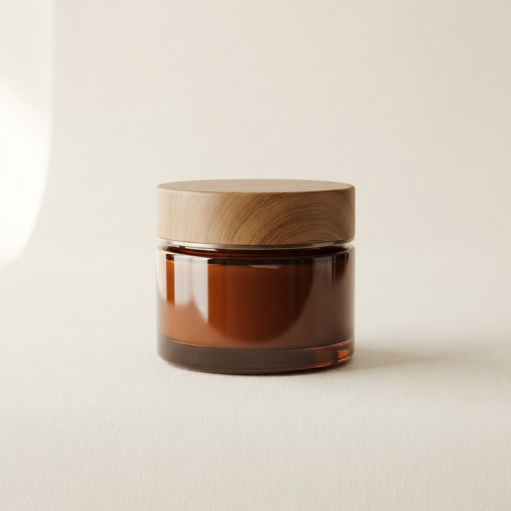 Amber Glass Cosmetic Jar with Wood-Finish Lid