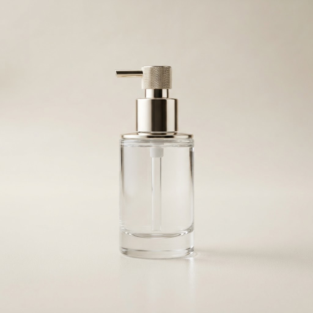 Round Glass Bottle with Silver Metallic Lotion Pump