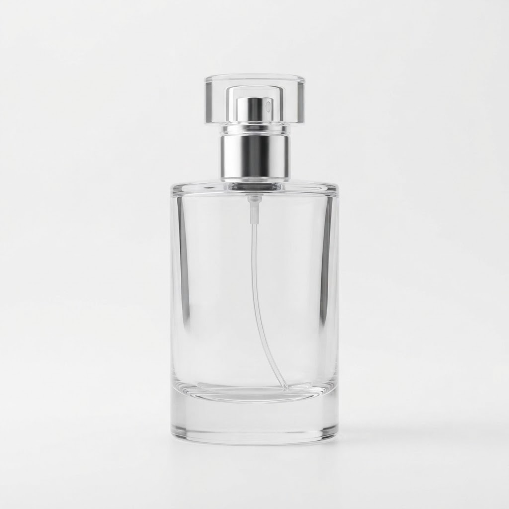 Cylindrical Glass Perfume Bottle with Spray Pump and Clear Cap