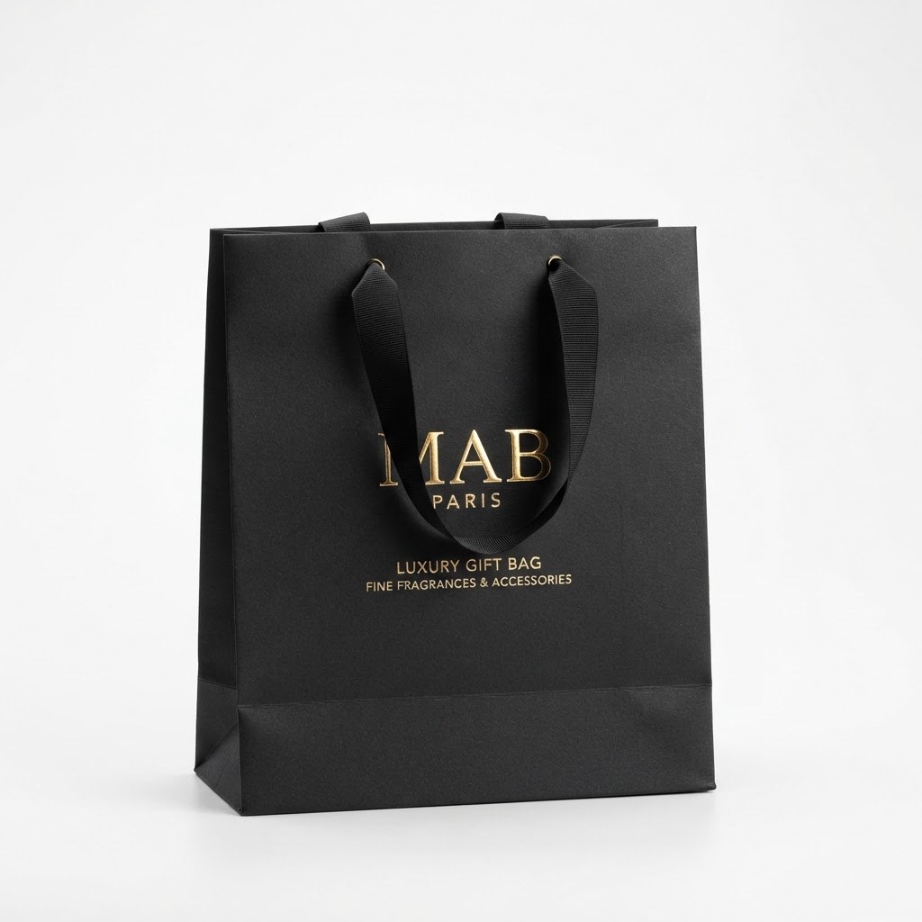 Black Paper Shopping Bag with Black Ribbon Handles and Gold Foil Logo